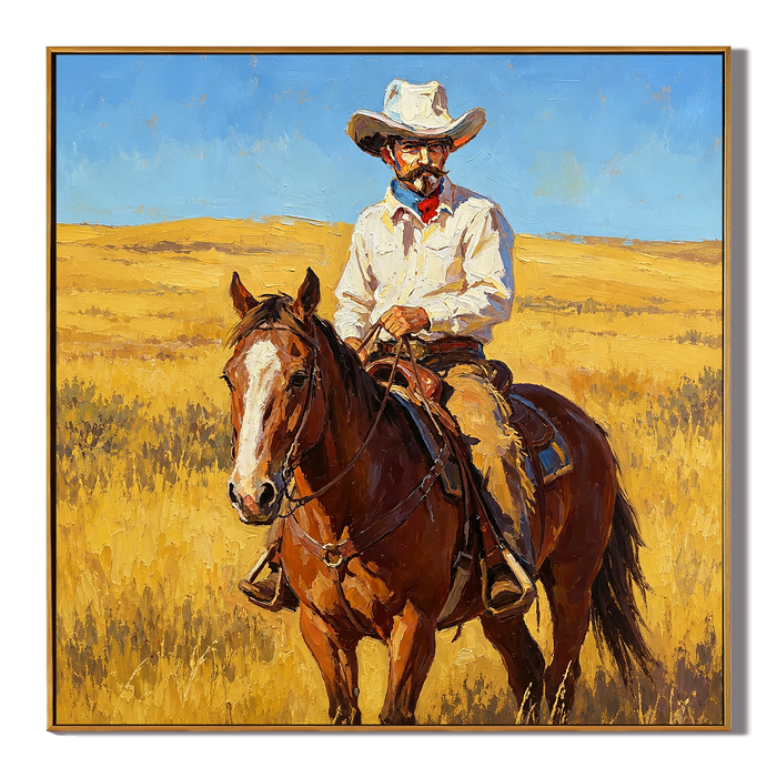 "Prairie Rider" – Western Cowboy Horse Oil Painting in Golden Grassland
