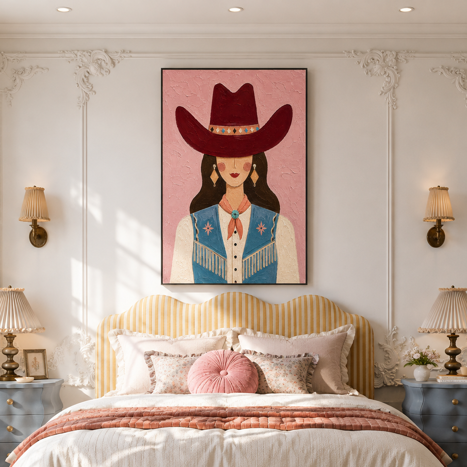 "Untamed Whimsy" – Contemporary Folk Art Pink Cowgirl Impasto Painting