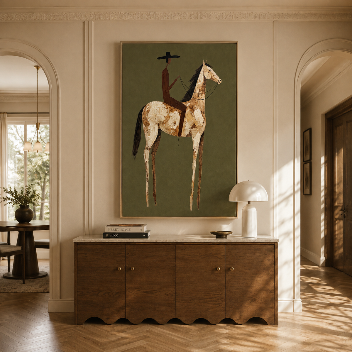 "Desert Solitude" – Elongated Western Rider Textured Olive Canvas Art