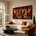 "Cosmic Cowgirls" – Retro Burgundy Boho Western Figurative Oil Painting