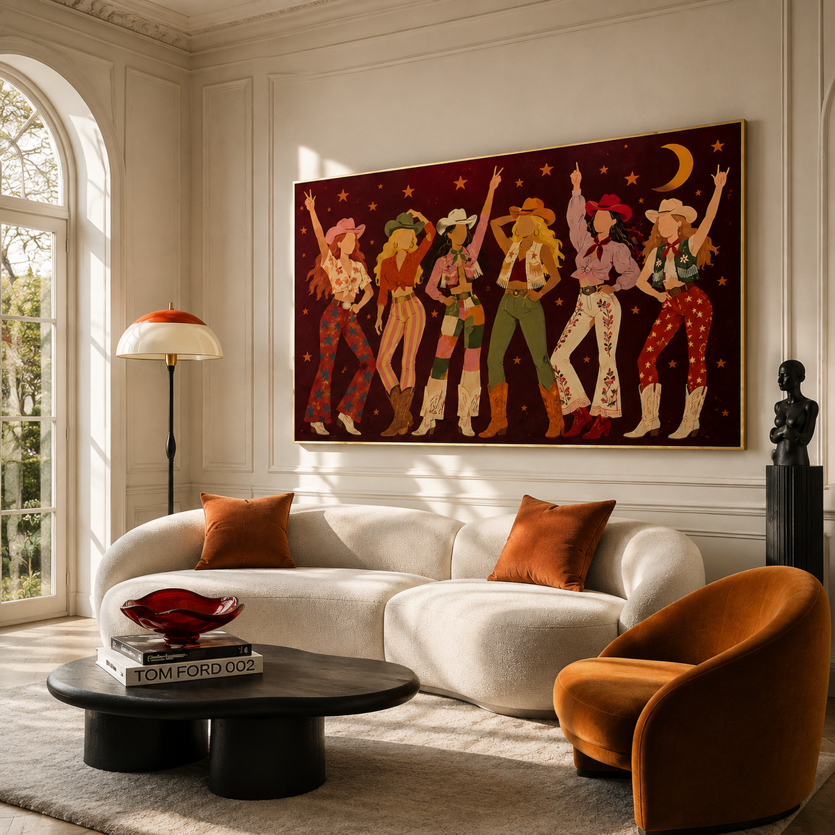 "Cosmic Cowgirls" – Retro Burgundy Boho Western Figurative Oil Painting