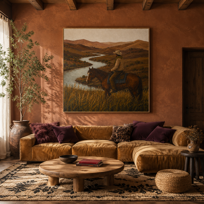 "Echo of the West" – Lone Cowboy on Horseback River Valley Impasto Art