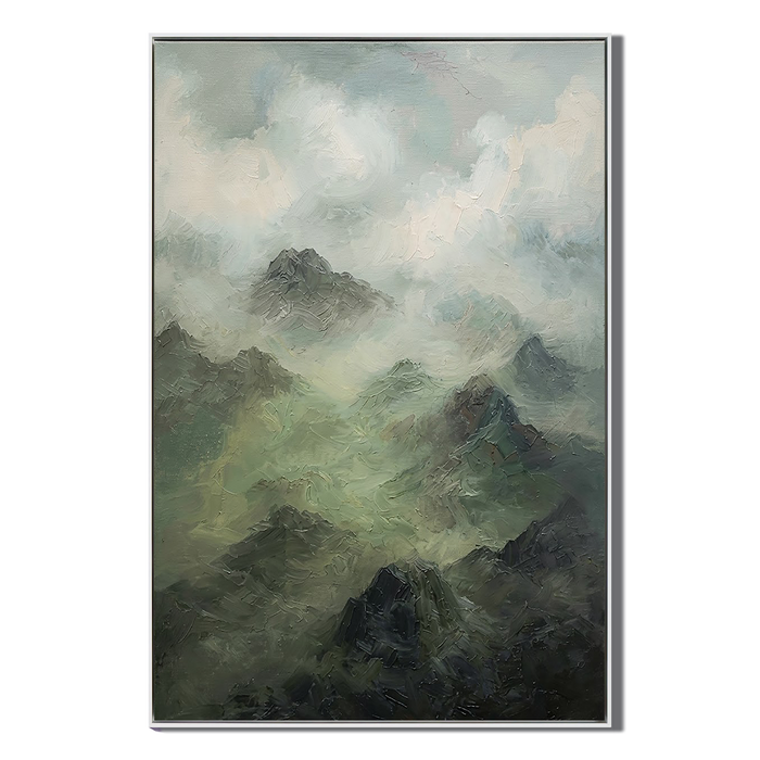 "Whispering Ridges" – Moody Impressionist Alpine Mist Textured Oil Painting