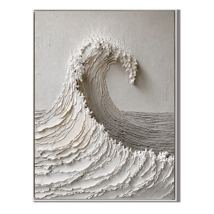 "White Tide Stillness" – Wabi Sabi Wave Textured Oil Painting