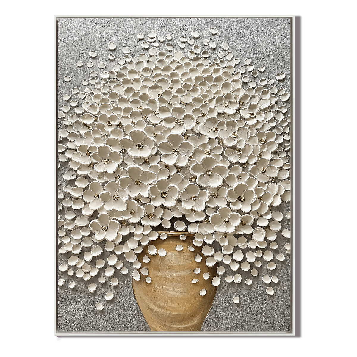 "Ivory Blossom Grace" – White Floral Vase Textured Oil Painting
