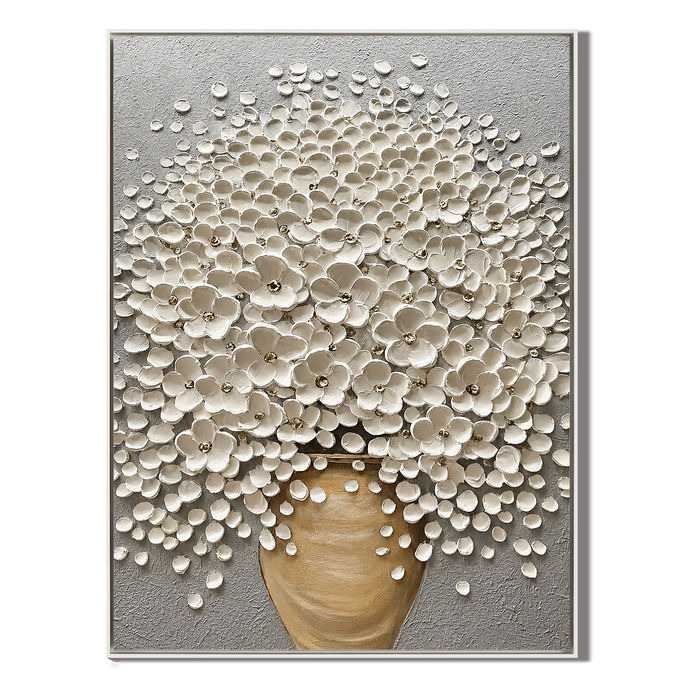 "Ivory Blossom Grace" – White Floral Vase Textured Oil Painting