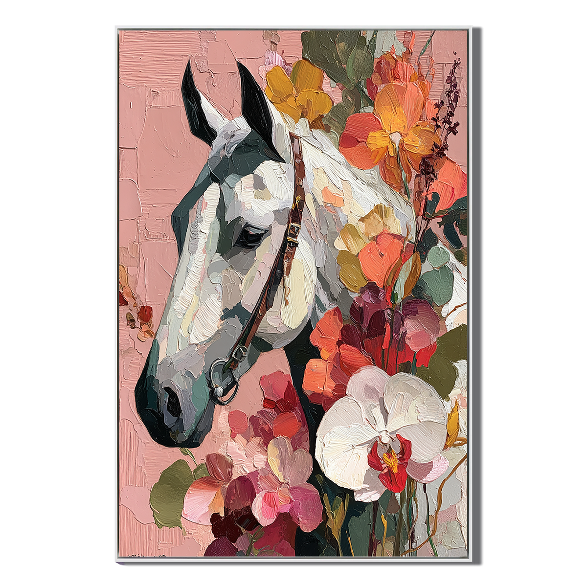 "Roseate Majesty" – Contemporary Floral Impasto White Horse Portrait