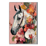 "Roseate Majesty" – Contemporary Floral Impasto White Horse Portrait