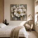 "Petals of Radiance" – Modern Textured White and Gold Floral Impasto Oil Painting