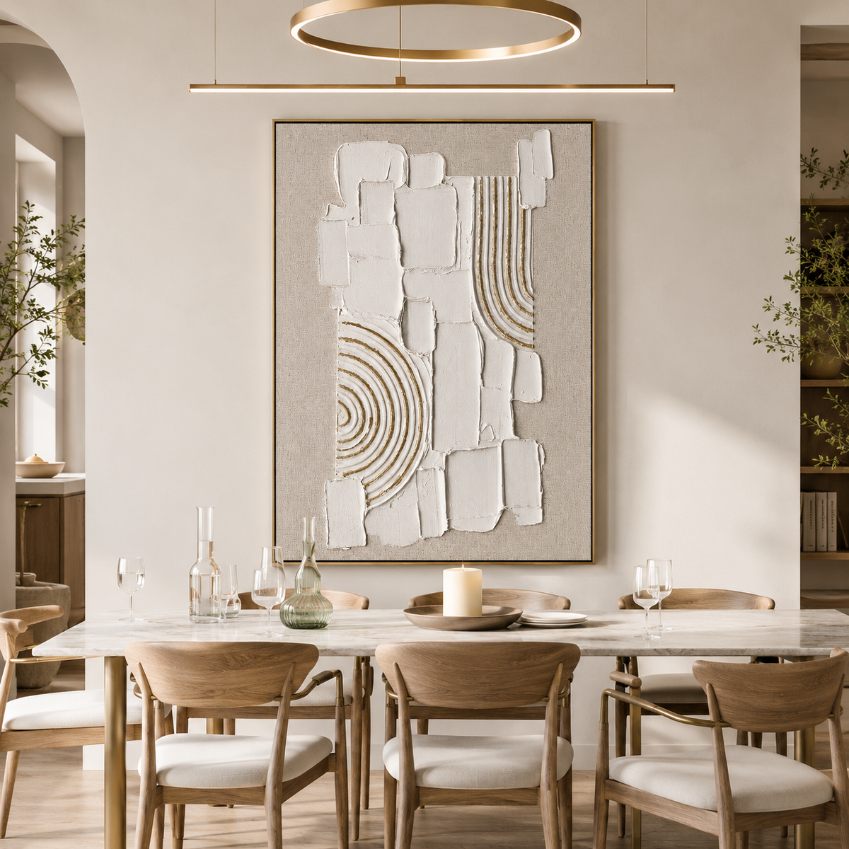 "Gilded Stillness" – Wabi Sabi White Geometric Textured Painting