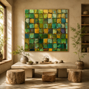 "Verdant Mosaic" – Green Gold Textured Abstract Painting