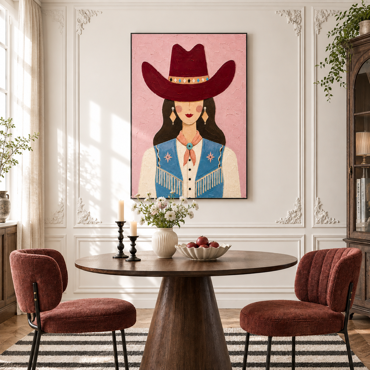 "Untamed Whimsy" – Contemporary Folk Art Pink Cowgirl Impasto Painting