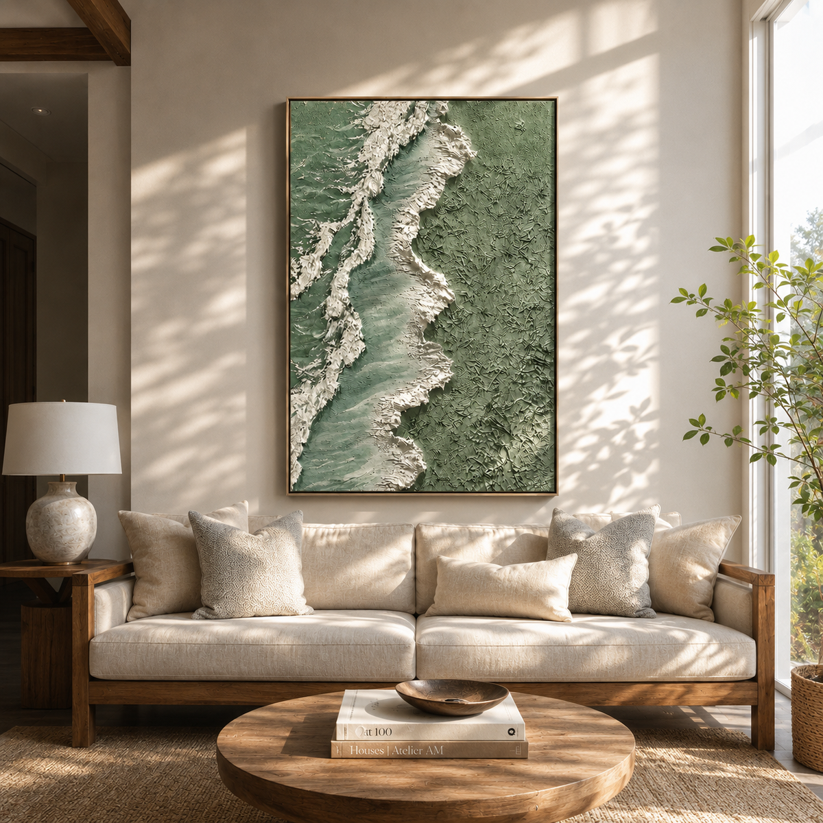 "Seafoam Shoreline" – Green Coastal Textured Abstract Painting