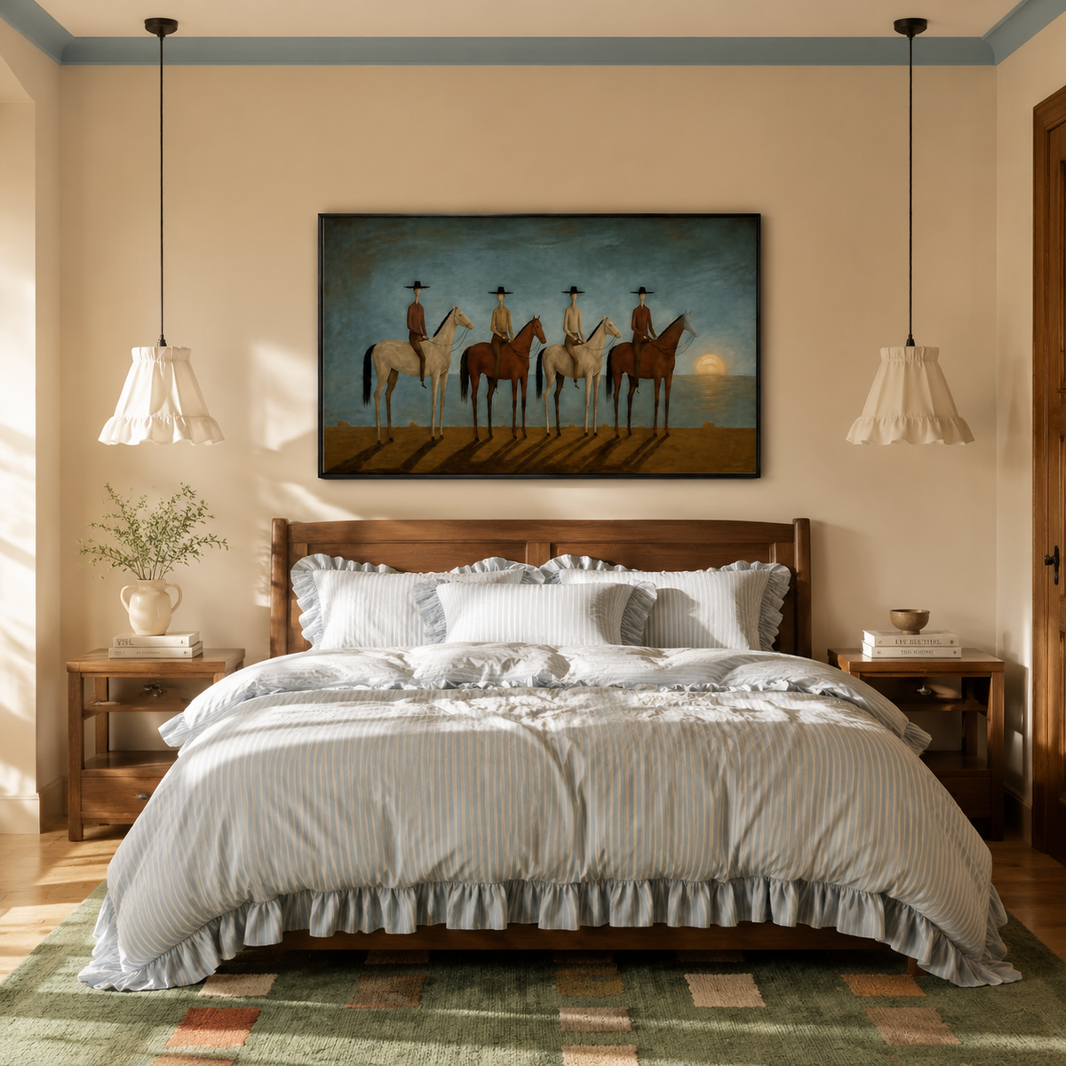 "Mysterious Night Traveling Team" – Naïve-Surrealist Four Horsemen Atmospheric Painting