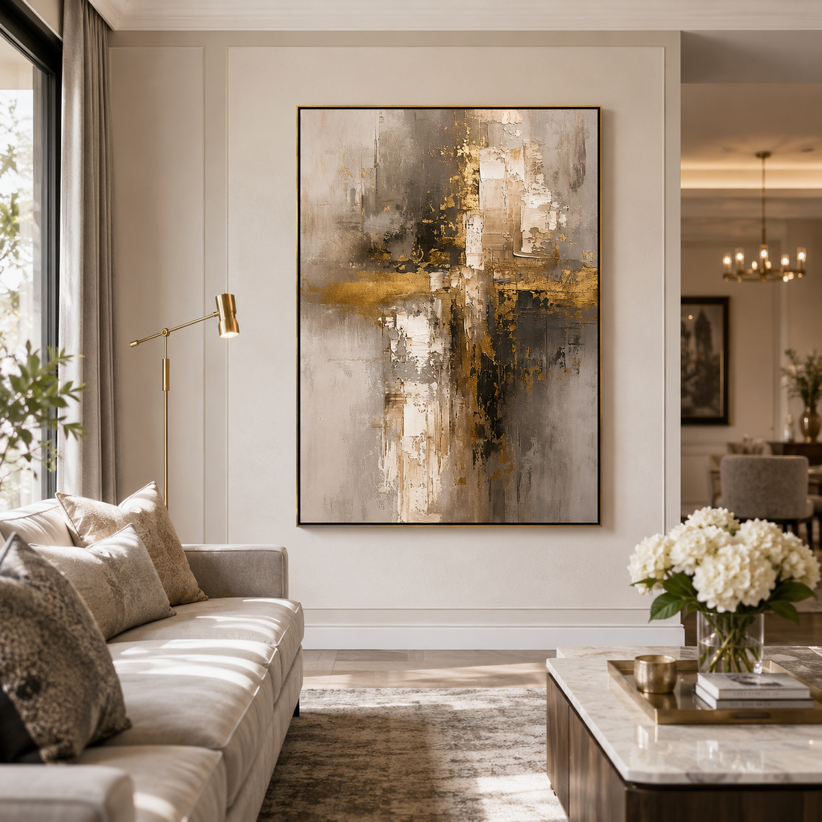 "Gilded Skyline" – Gold Gray Industrial Textured Abstract Painting