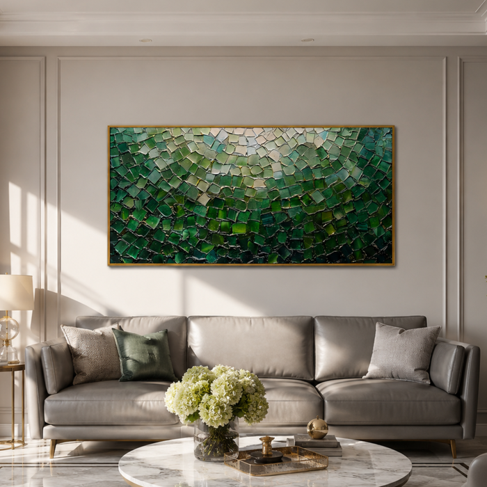 “Emerald Mosaic Light” – Green Abstract Impasto Oil Painting