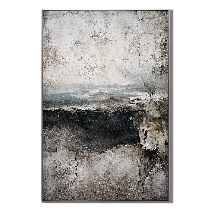 "Tectonic Reverie" – Wabi-Sabi Weathered Charcoal Grey Abstract Oil Painting