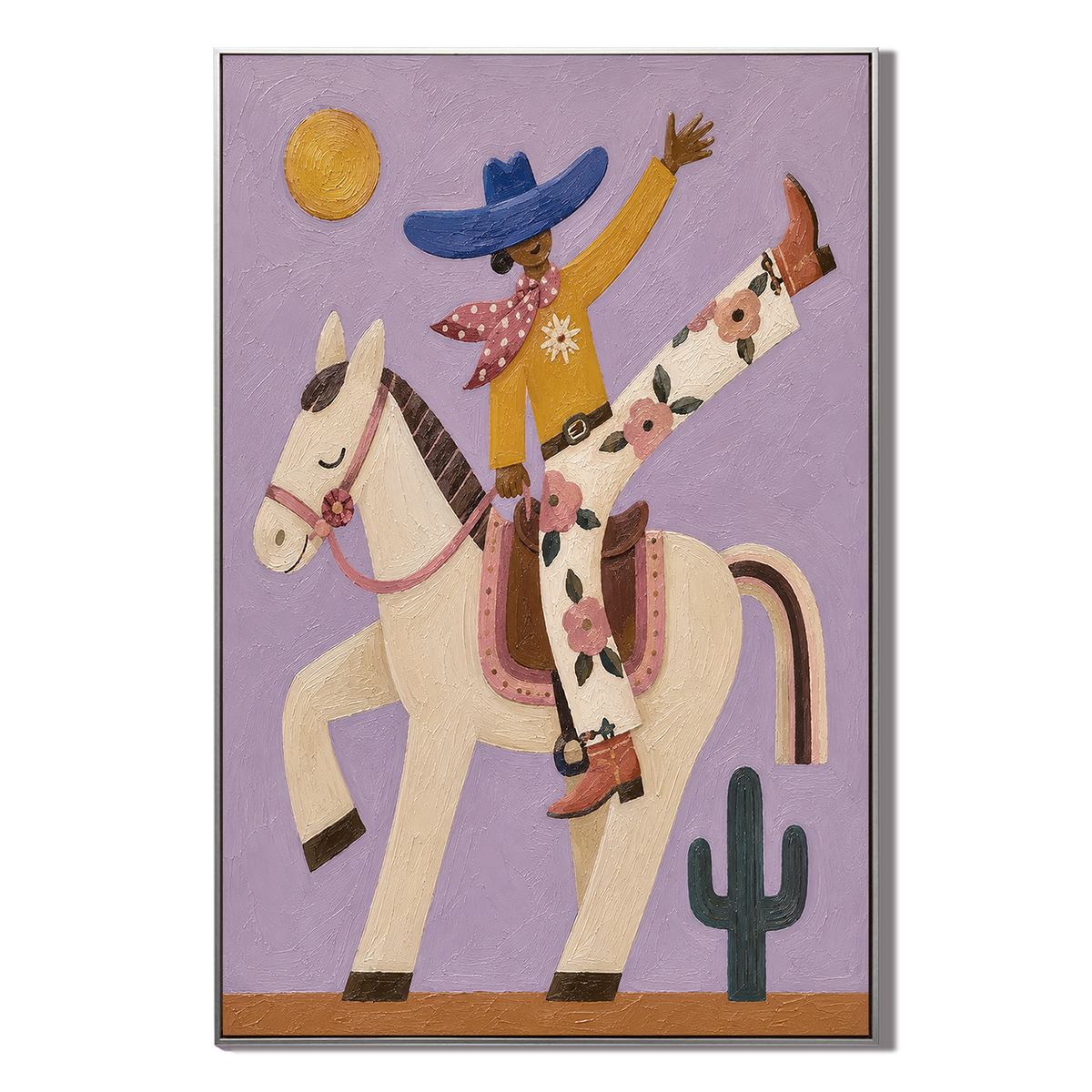 "Sunlit Acrobatic" – Whimsical Lavender Folk Art Cowgirl Impasto Painting