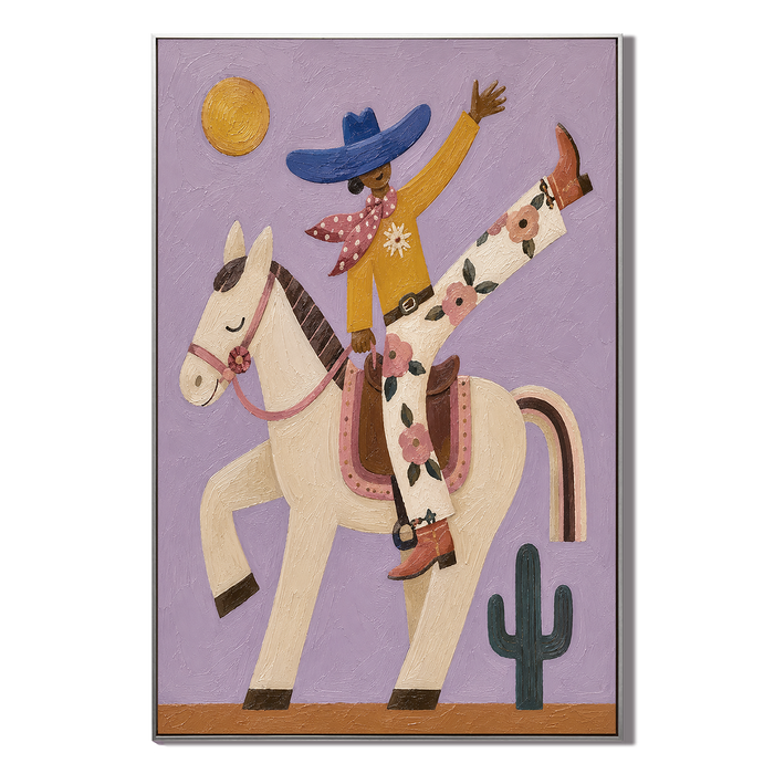 "Sunlit Acrobatic" – Whimsical Lavender Folk Art Cowgirl Impasto Painting