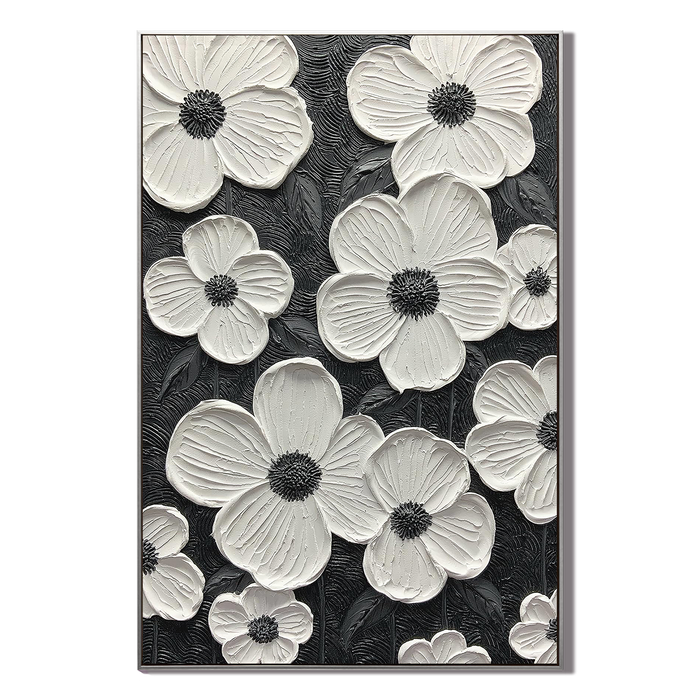 "The Understanding Flower" – Minimalist Textured Monochrome Floral Acrylic Painting