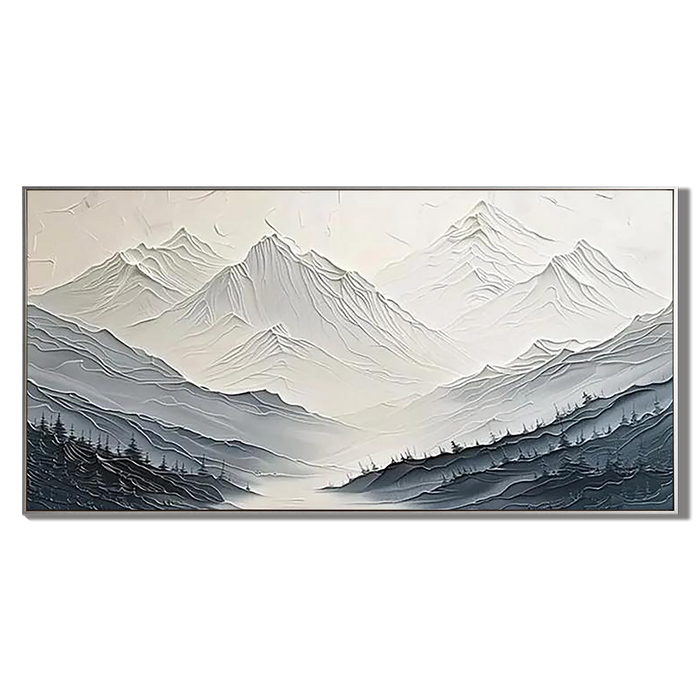 "Ascension to Serenity" – Modern White and Grey Textured Mountain Impasto Painting