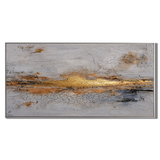 "Golden Seam" – Wabi-Sabi Horizontal Gold Leaf Grey Abstract Oil Painting
