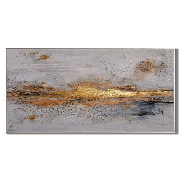 "Golden Seam" – Wabi-Sabi Horizontal Gold Leaf Grey Abstract Oil Painting