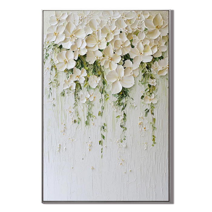 "Romantic Waterfall – Textured Impasto White Floral Modern Acrylic Painting