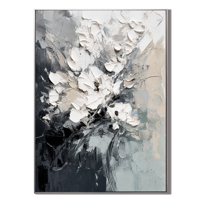 "Whispering Petals" – Contemporary Monochromatic White Floral Impasto Oil Painting