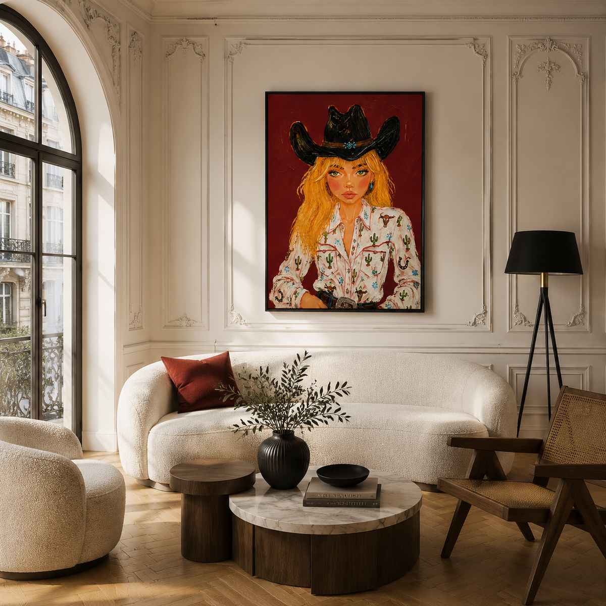 "Desert Siren" – Modern Western Cowgirl Crimson Impasto Oil Painting