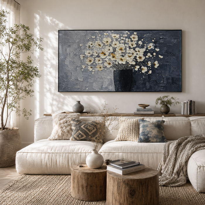 "Whispers of Petals" - Contemporary Gray and White Floral Impasto Oil Painting