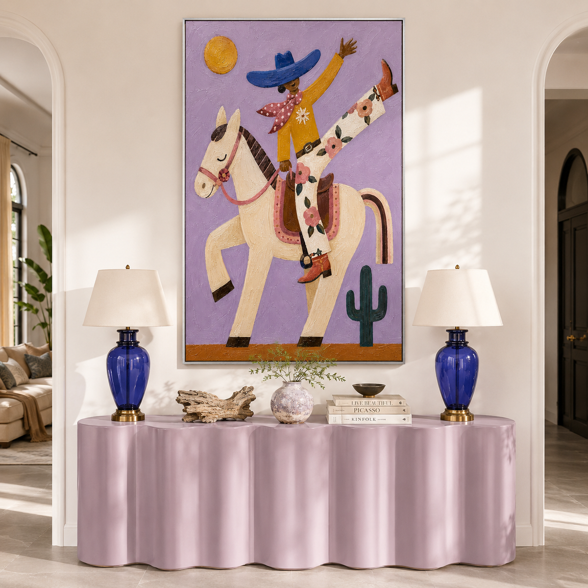 "Sunlit Acrobatic" – Whimsical Lavender Folk Art Cowgirl Impasto Painting