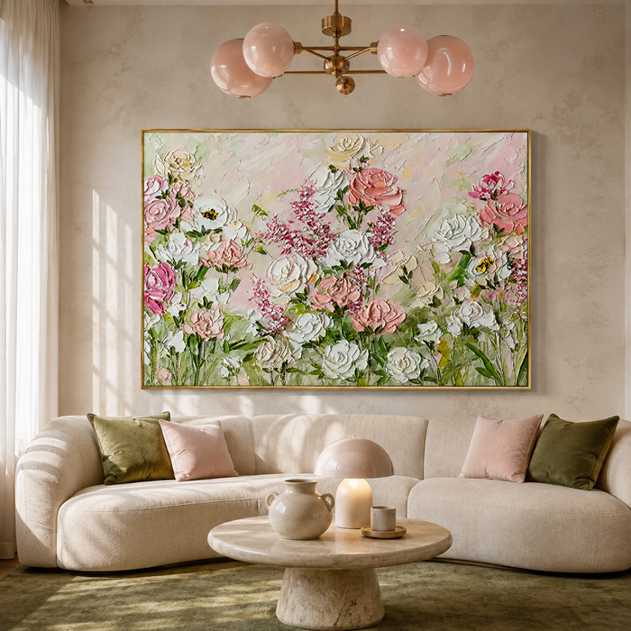 "Romantic Flower Language" – Textured Pink and White Rose Impasto Oil Painting