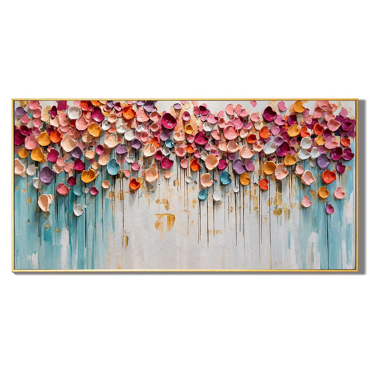 “Petals of Celebration” – Colorful Impasto Floral Panoramic Hand-Painted Canvas Art