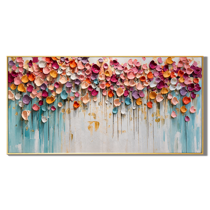 “Petals of Celebration” – Colorful Impasto Floral Panoramic Hand-Painted Canvas Art