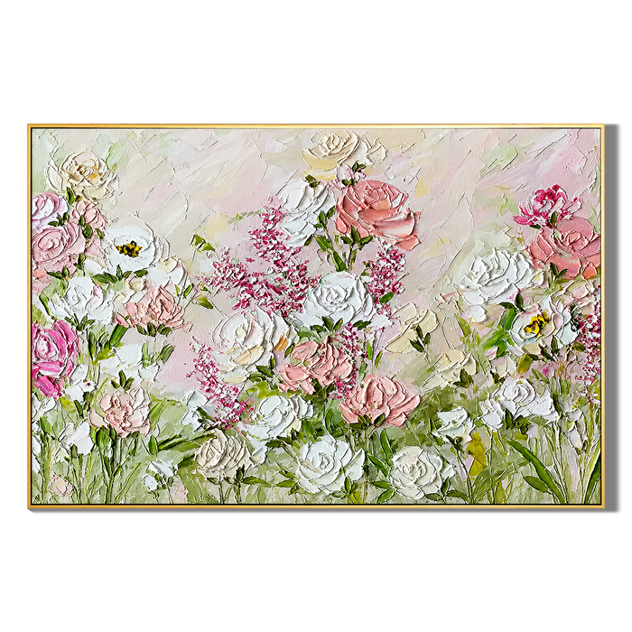 "Romantic Flower Language" – Textured Pink and White Rose Impasto Oil Painting