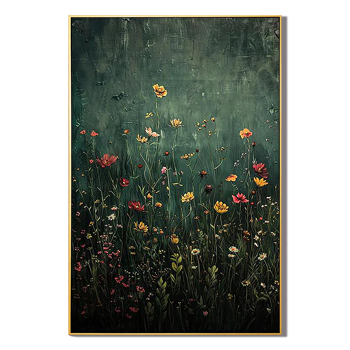 "Midnight Meadow" – Moody Dark Green Botanical Wildflower Oil Painting