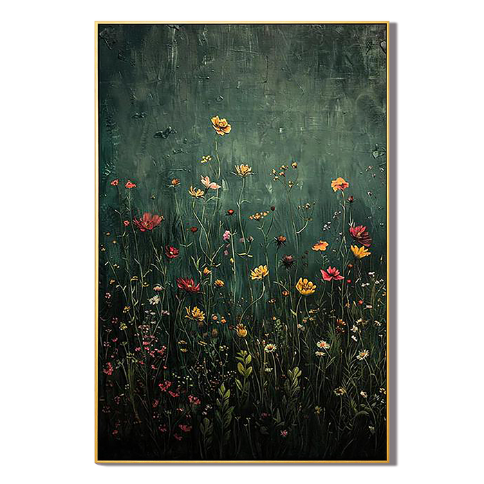 "Midnight Meadow" – Moody Dark Green Botanical Wildflower Oil Painting