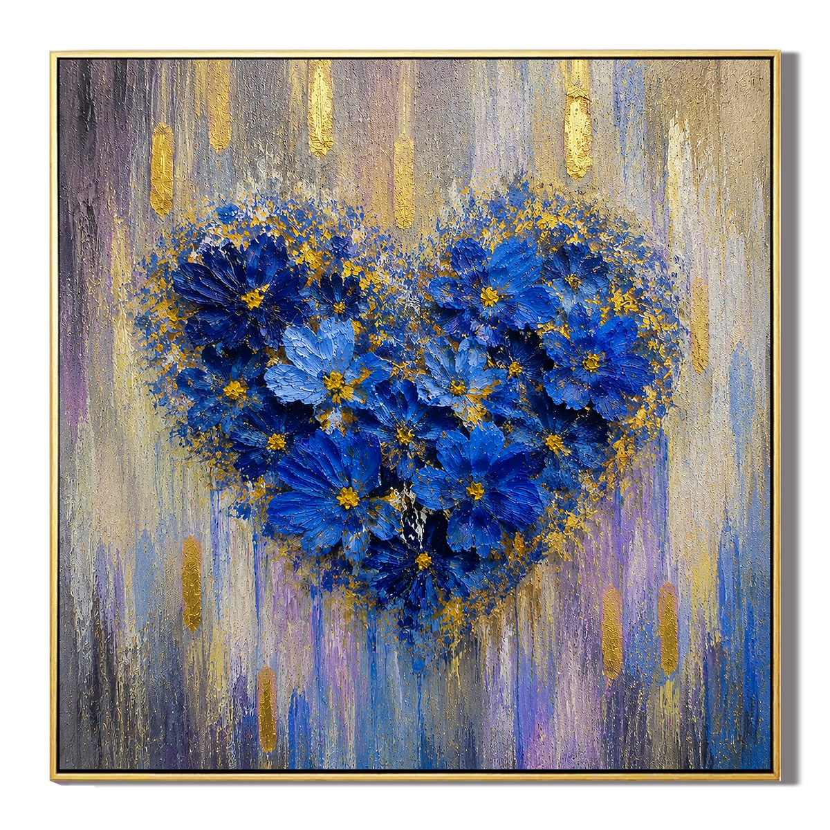 "Azure Affection" – Romantic Blue Floral Heart Impasto with Gold Foi