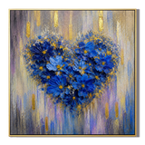 "Azure Affection" – Romantic Blue Floral Heart Impasto with Gold Foi