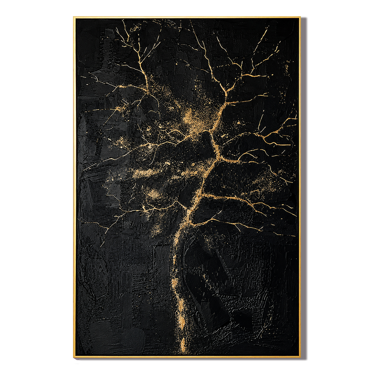 "Gilded Veins" – Black Gold Tree Textured Abstract Painting