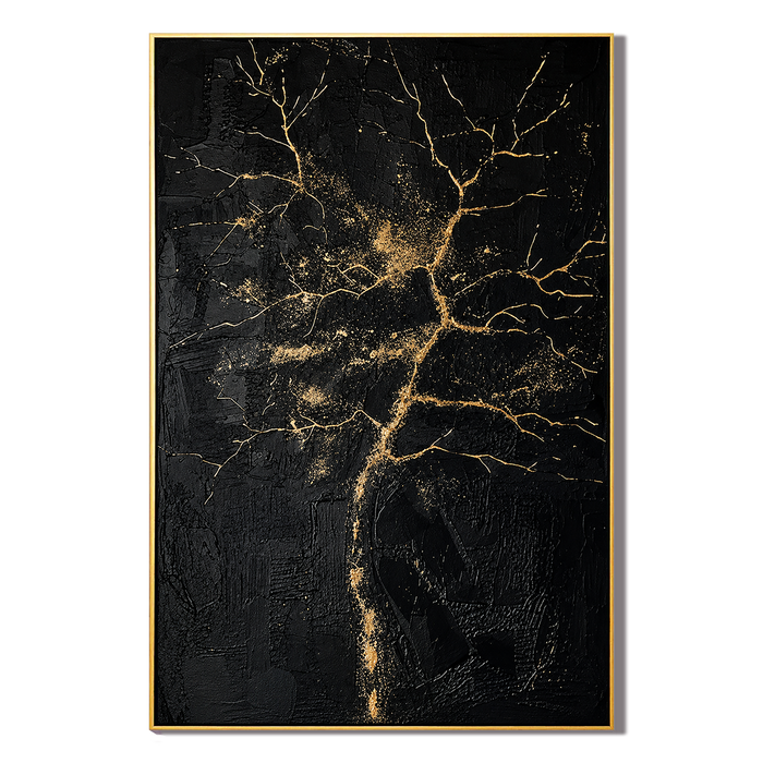 "Gilded Veins" – Black Gold Tree Textured Abstract Painting