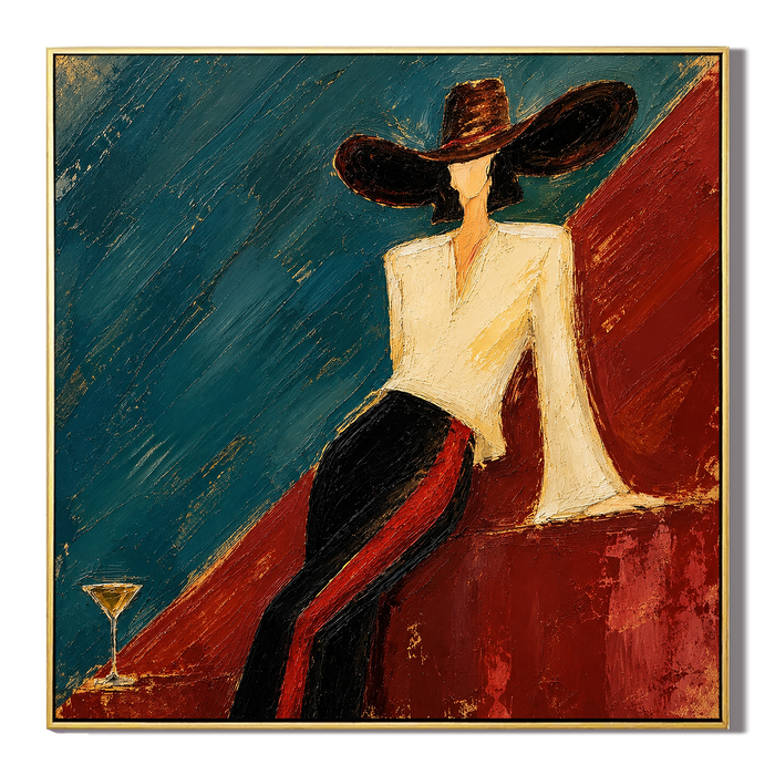 "Azure Noir" – Textured Chic Figure with Hat Palette Knife Oil Painting