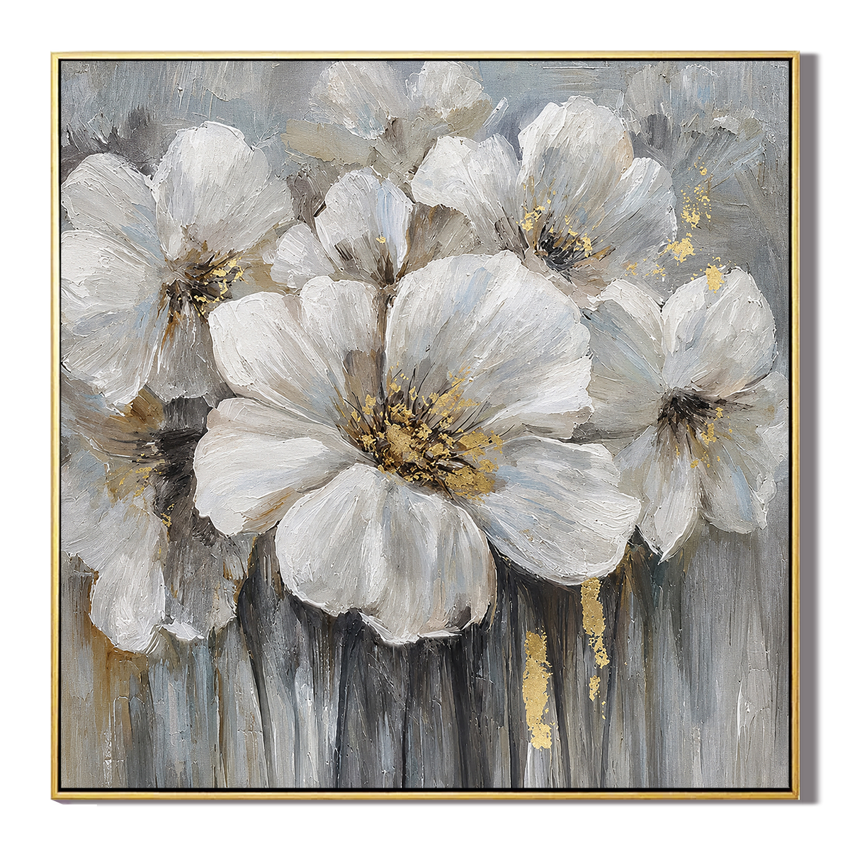 "Petals of Radiance" – Modern Textured White and Gold Floral Impasto Oil Painting