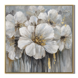 "Petals of Radiance" – Modern Textured White and Gold Floral Impasto Oil Painting