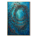 "Ocean Vortex" – Blue Abstract Fish School Textured Oil Painting