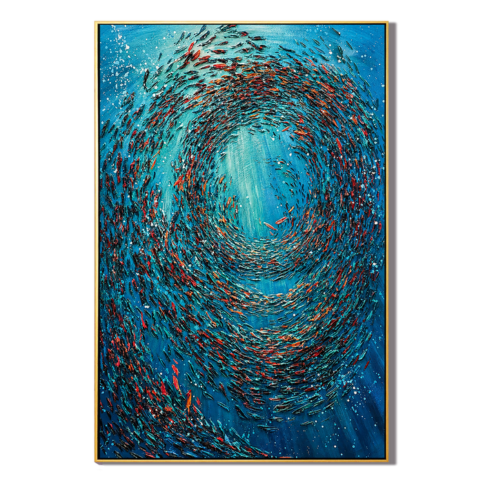 "Ocean Vortex" – Blue Abstract Fish School Textured Oil Painting