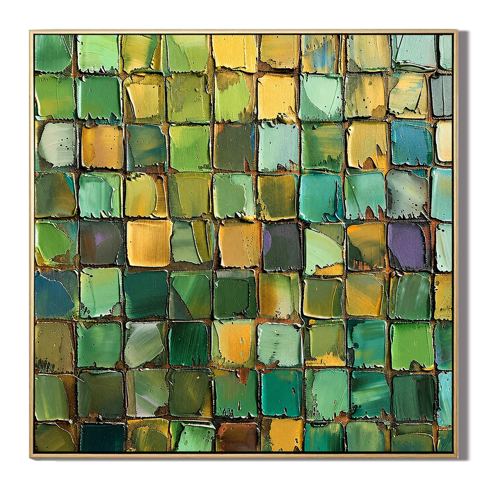 "Verdant Mosaic" – Green Gold Textured Abstract Painting