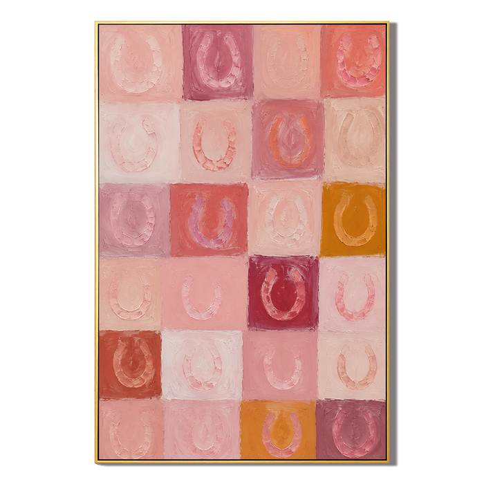 "Blush Fortune" – Modern Pink Grid Textured Horseshoe Abstract Impasto Painting