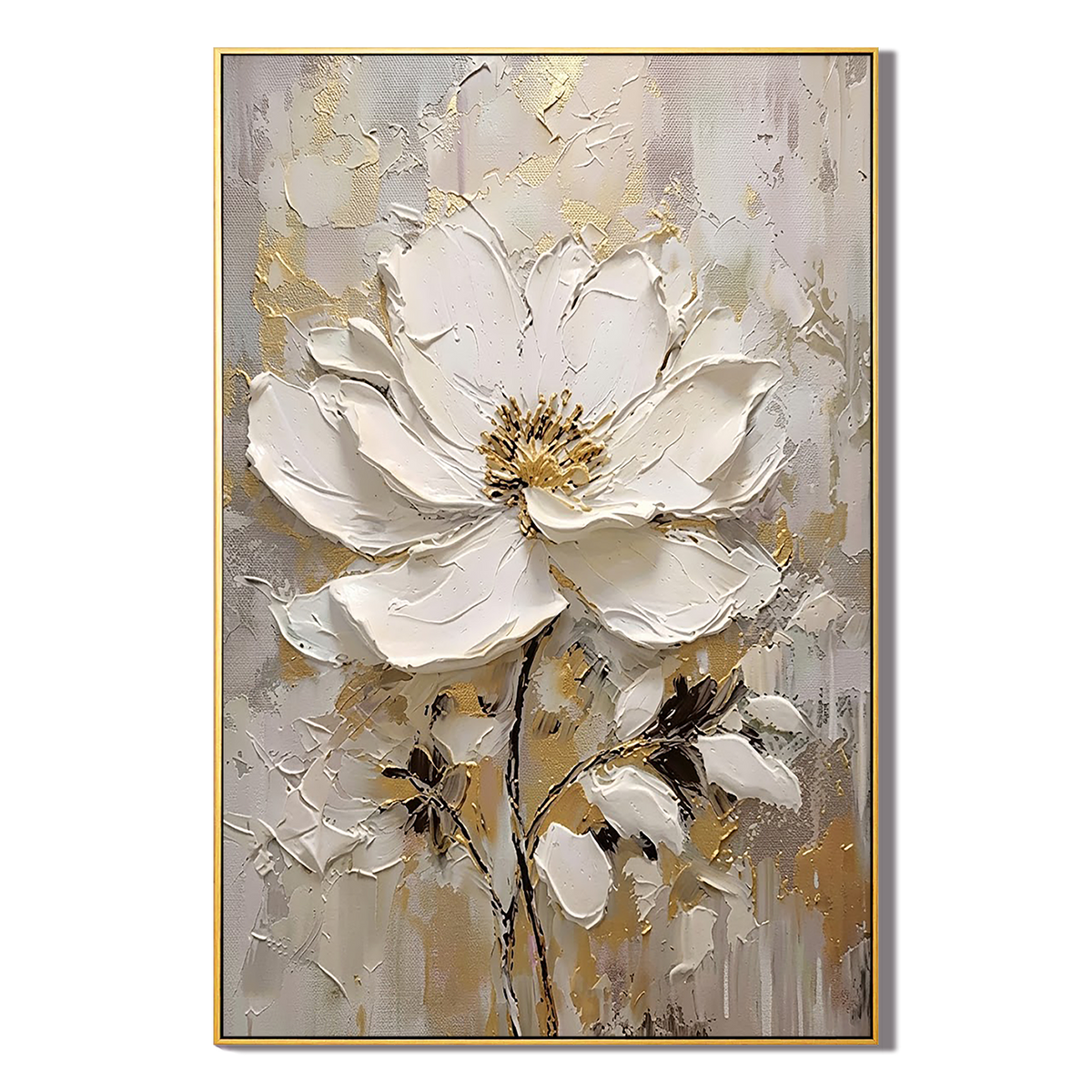 "Luminous Bloom" - Gilded White Magnolia 3D Sculptural Impasto Acrylic Painting with Gold Leaf Accents